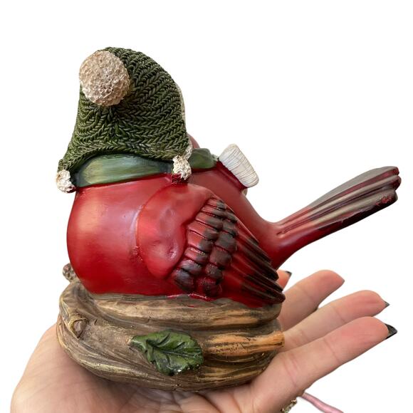 Cardinal Bird In Nest Figure Red Green Hat Scarf Winter Resin Decor CHIP READ - Picture 3 of 14